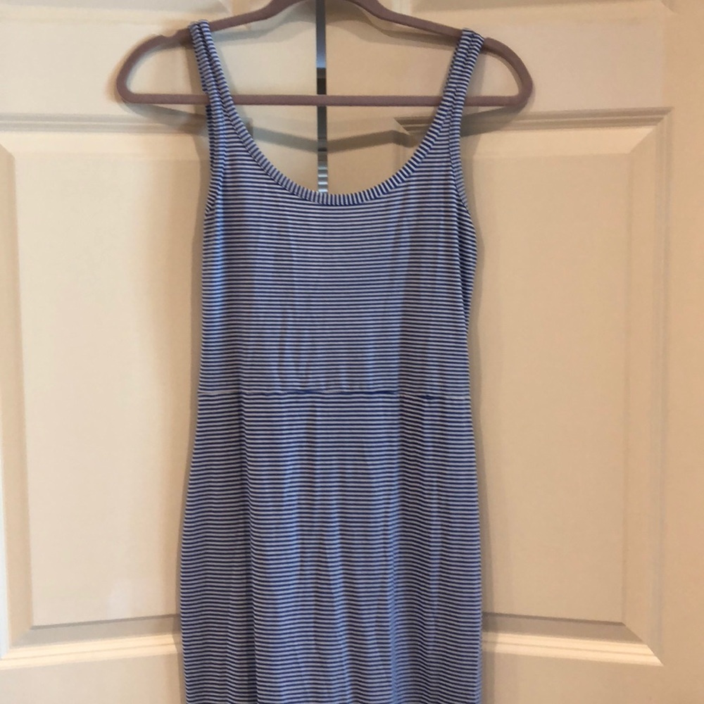 Blue and white striped maxi dress